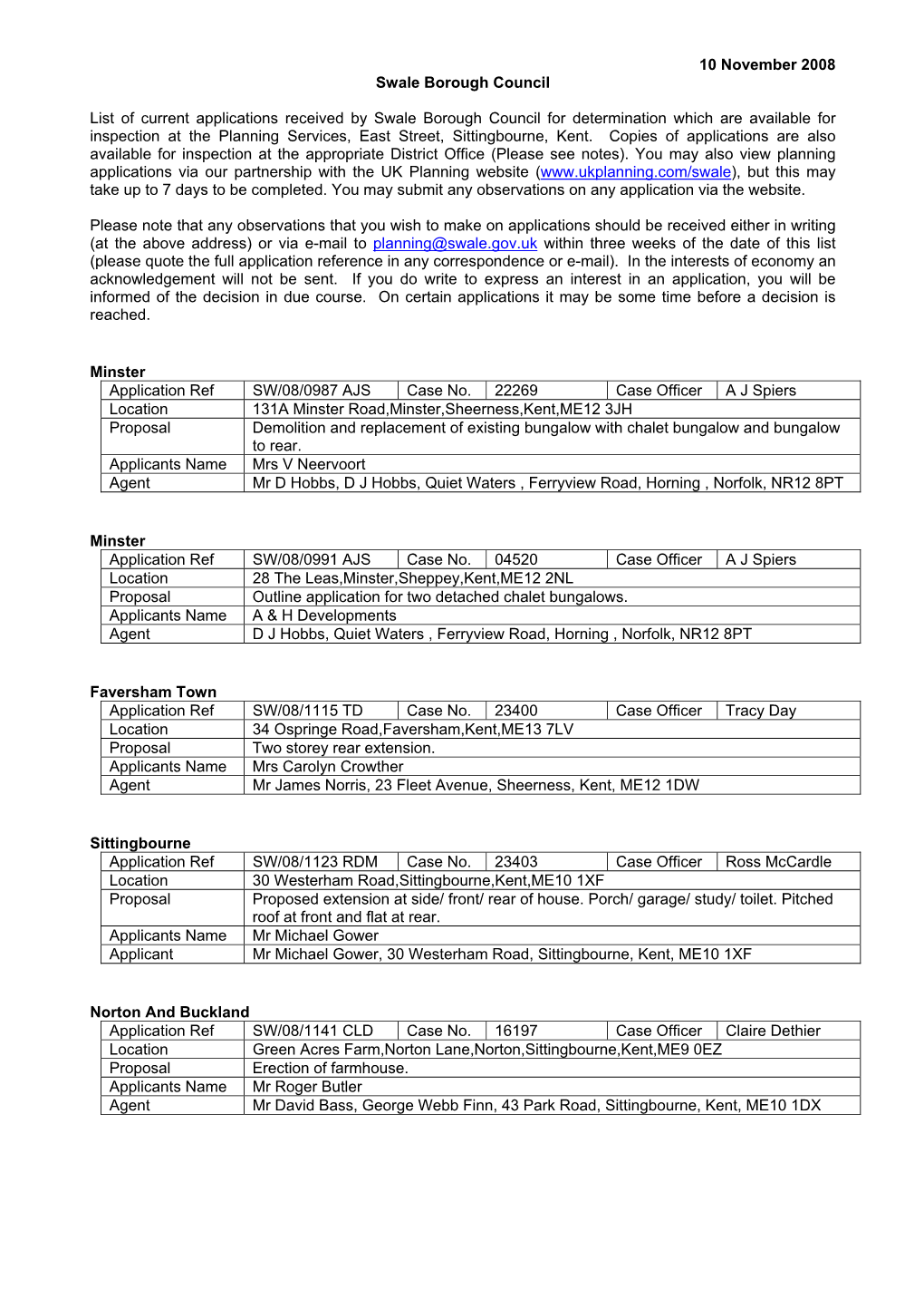 10 November 2008 Swale Borough Council List of Current Applications