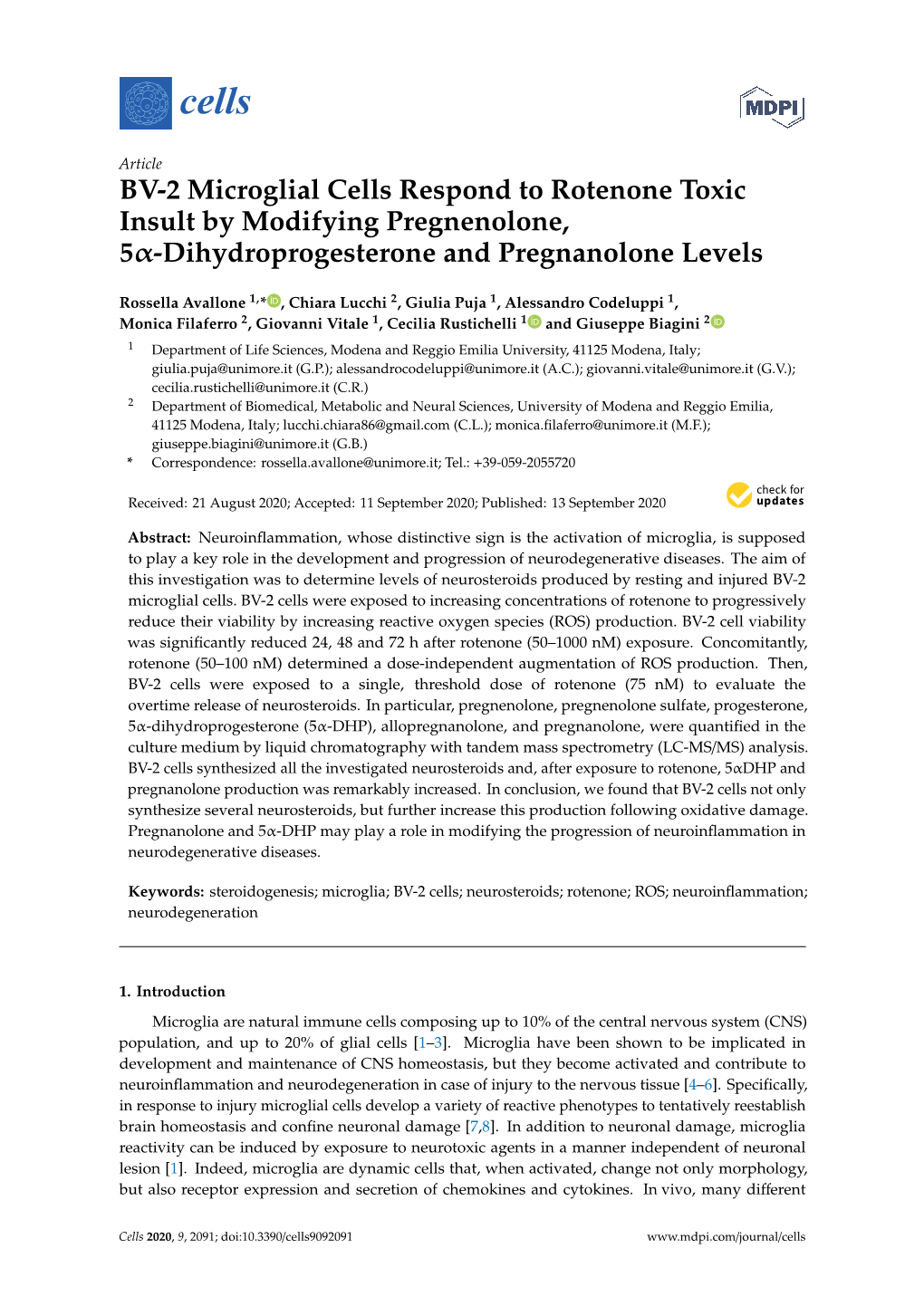 BV-2 Microglial Cells Respond to Rotenone Toxic Insult by Modifying Pregnenolone, 5Α-Dihydroprogesterone and Pregnanolone Levels