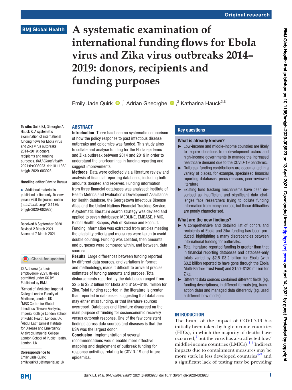 A Systematic Examination of International Funding Flows for Ebola Virus and Zika Virus Outbreaks 2014 – 2019: Donors, Recipients and Funding Purposes