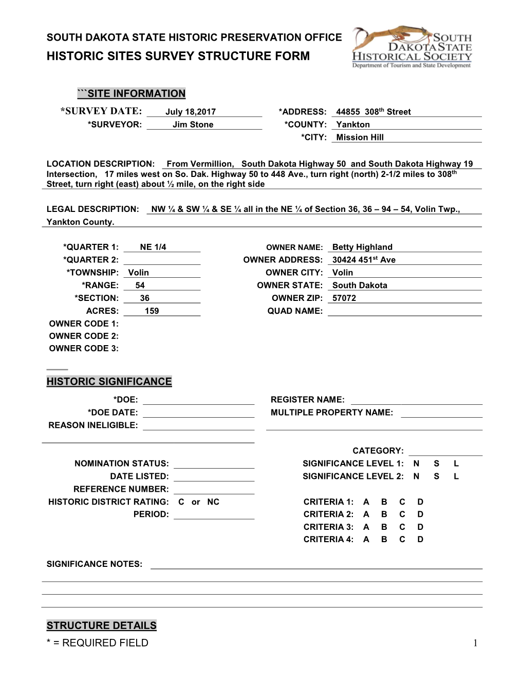 Historic Sites Survey Structure Form