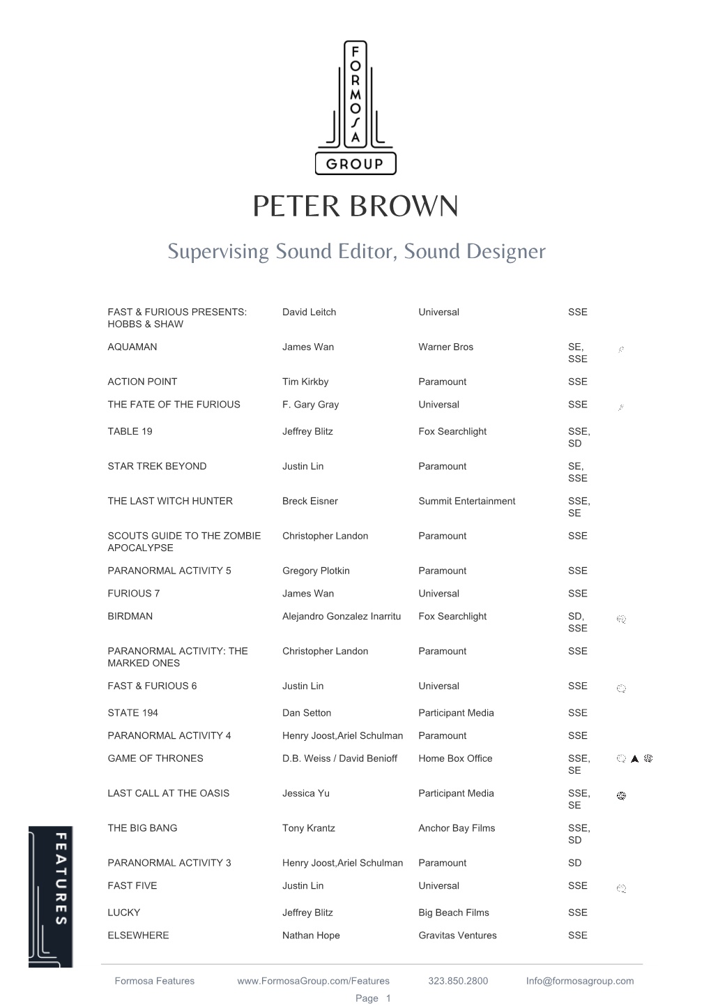 PETER BROWN Supervising Sound Editor, Sound Designer