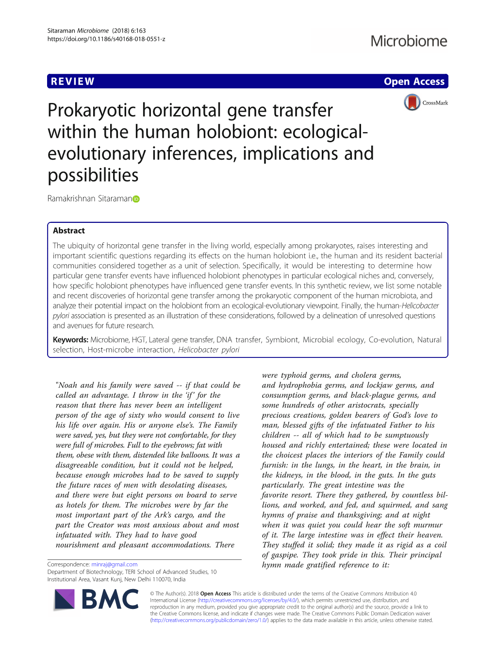 Prokaryotic Horizontal Gene Transfer Within the Human Holobiont: Ecological- Evolutionary Inferences, Implications and Possibilities Ramakrishnan Sitaraman