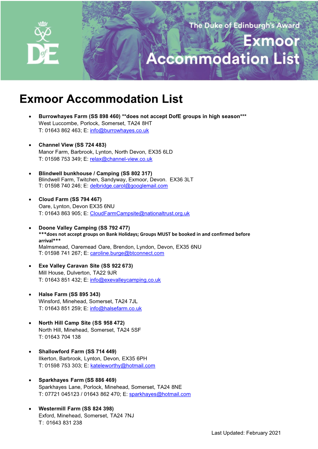 Exmoor Accommodation List