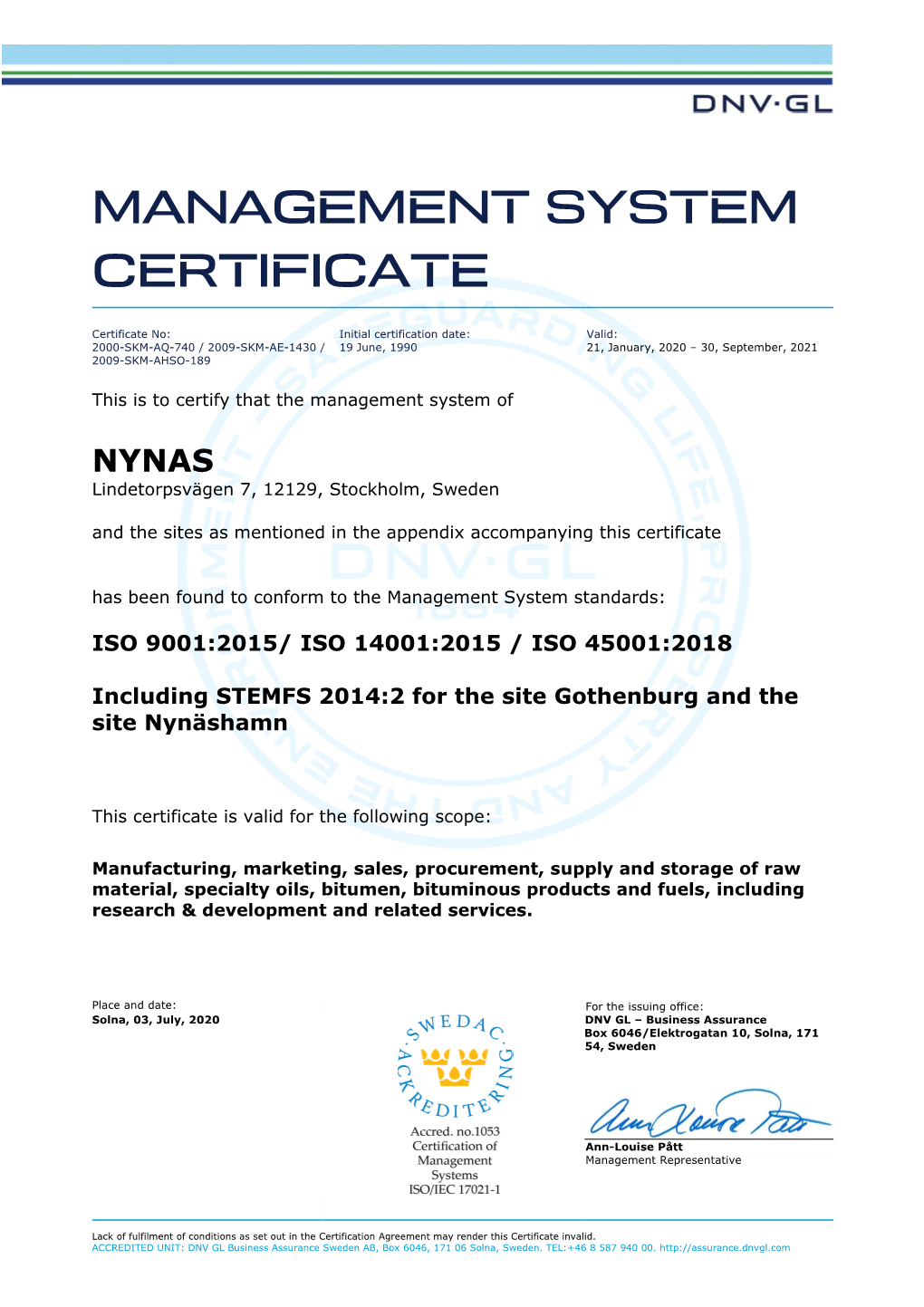 Nynas Management Systems Certificate