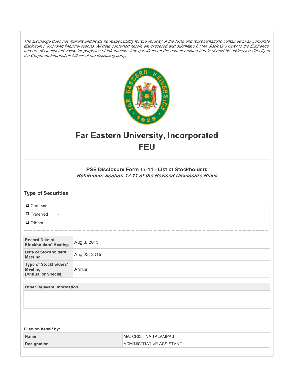 Far Eastern University, Incorporated FEU