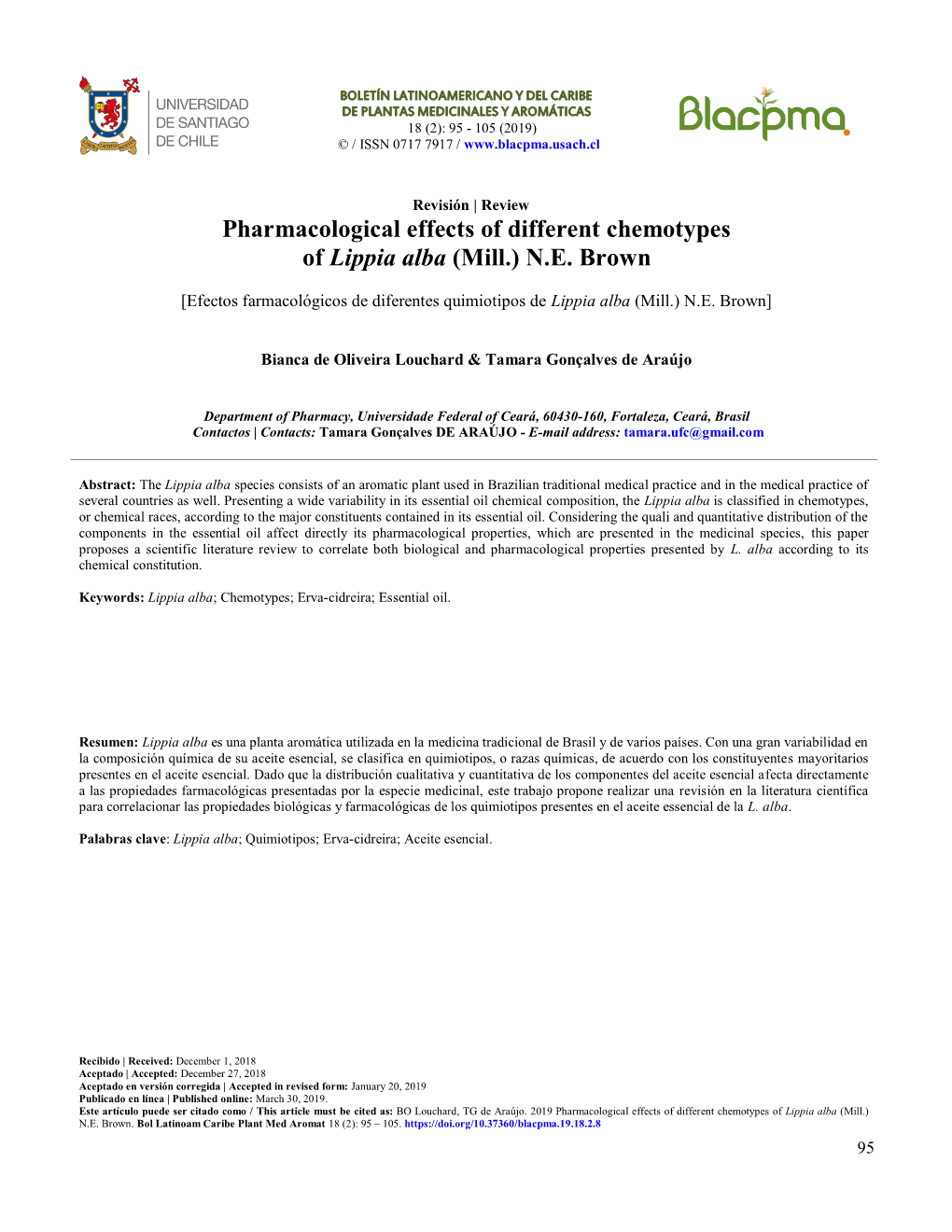 Pharmacological Effects of Different Chemotypes of Lippia Alba (Mill.) N.E