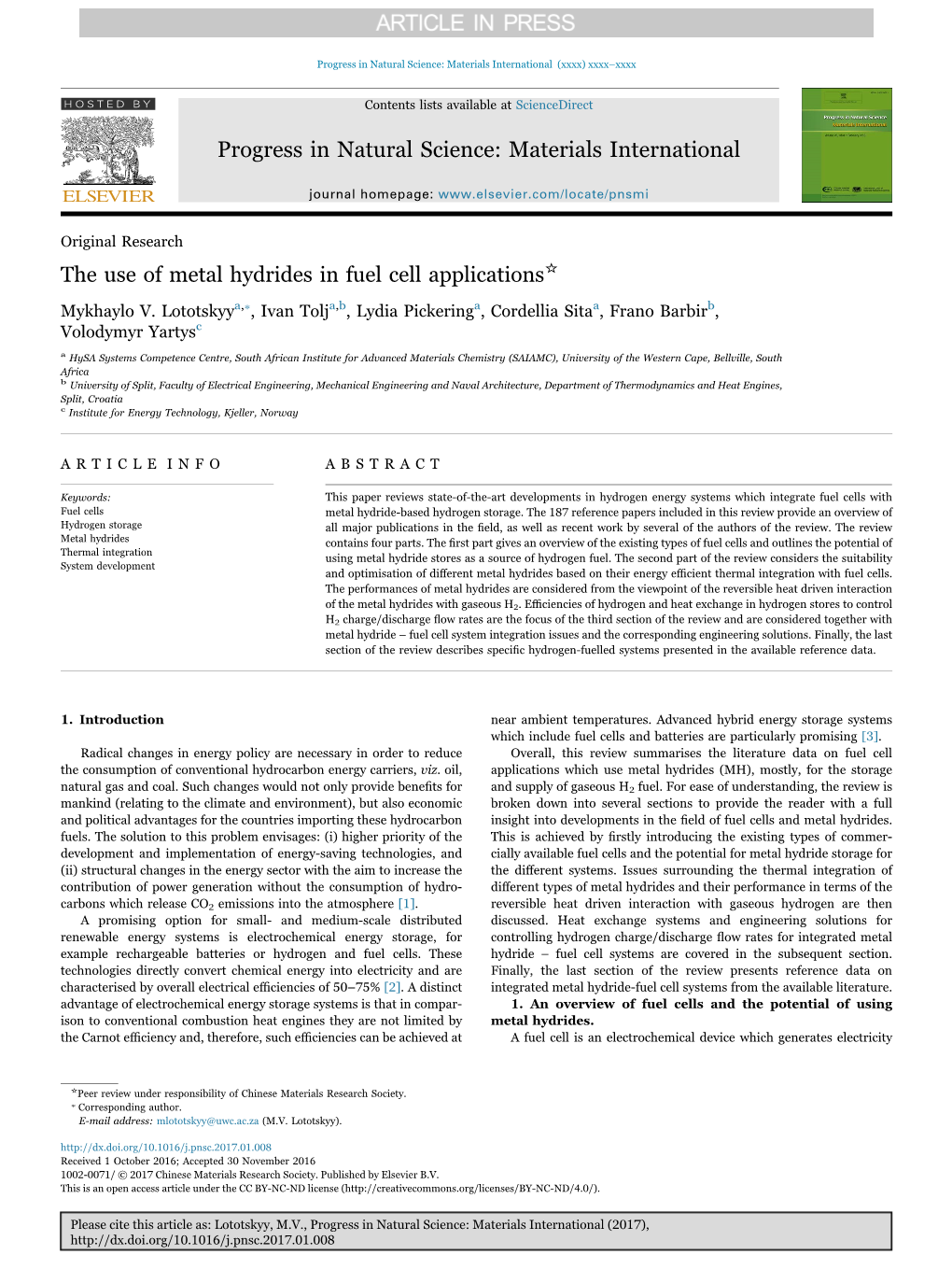 The Use of Metal Hydrides in Fuel Cell Applications☆ ⁎ Mykhaylo V