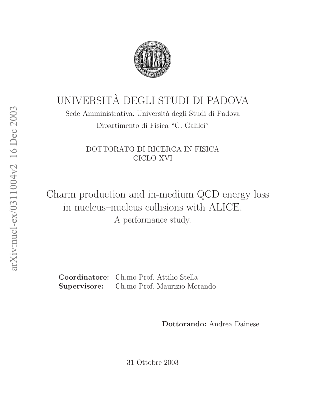 Arxiv:Nucl-Ex/0311004V2 16 Dec 2003 UNIVERSIT`A DEGLI STUDI DI