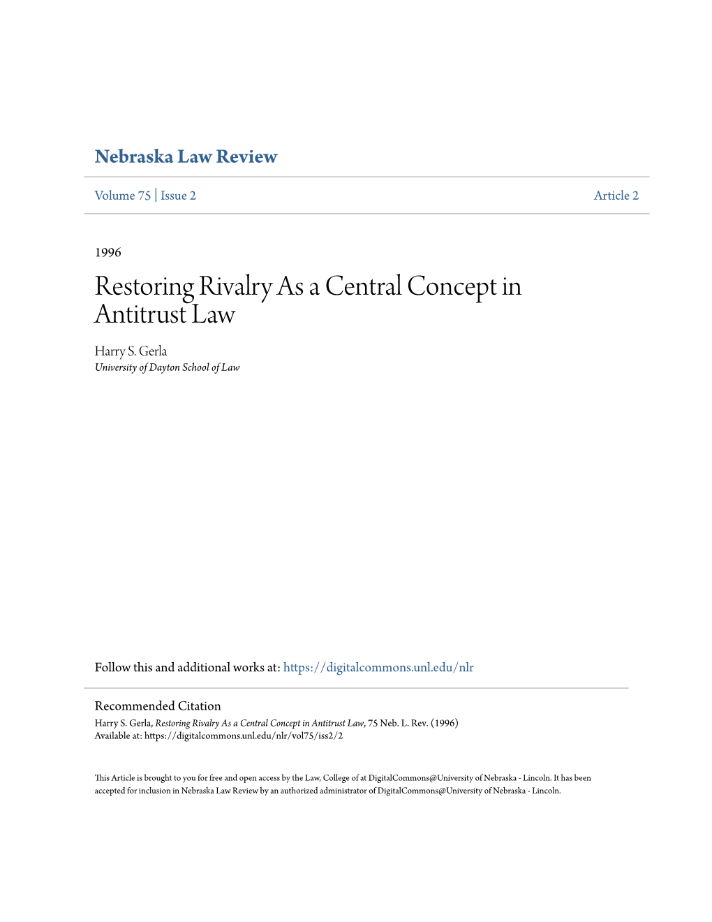 Restoring Rivalry As a Central Concept in Antitrust Law Harry S