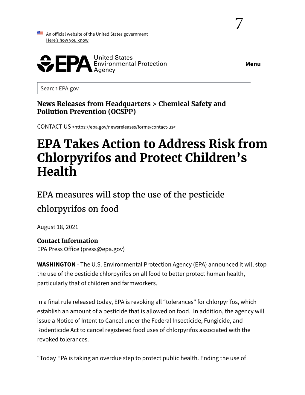 EPA Takes Action to Address Risk from Chlorpyrifos and Protect Children’S Health