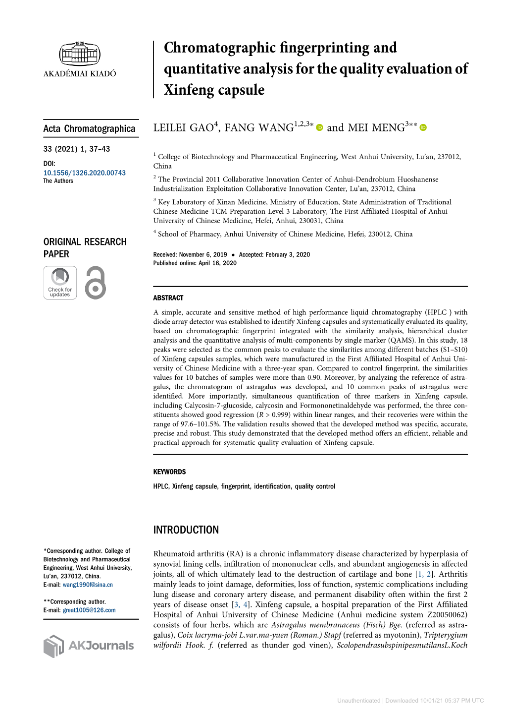 Chromatographic Fingerprinting and Quantitative Analysis for the Quality