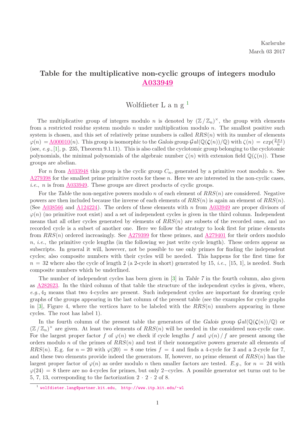 Table for the Multiplicative Non-Cyclic Groups of Integers Modulo A033949 Wolfdieter L a N