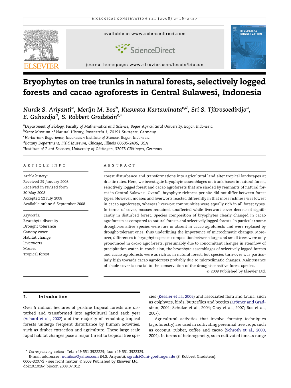 Bryophytes on Tree Trunks in Natural Forests, Selectively Logged Forests and Cacao Agroforests in Central Sulawesi, Indonesia