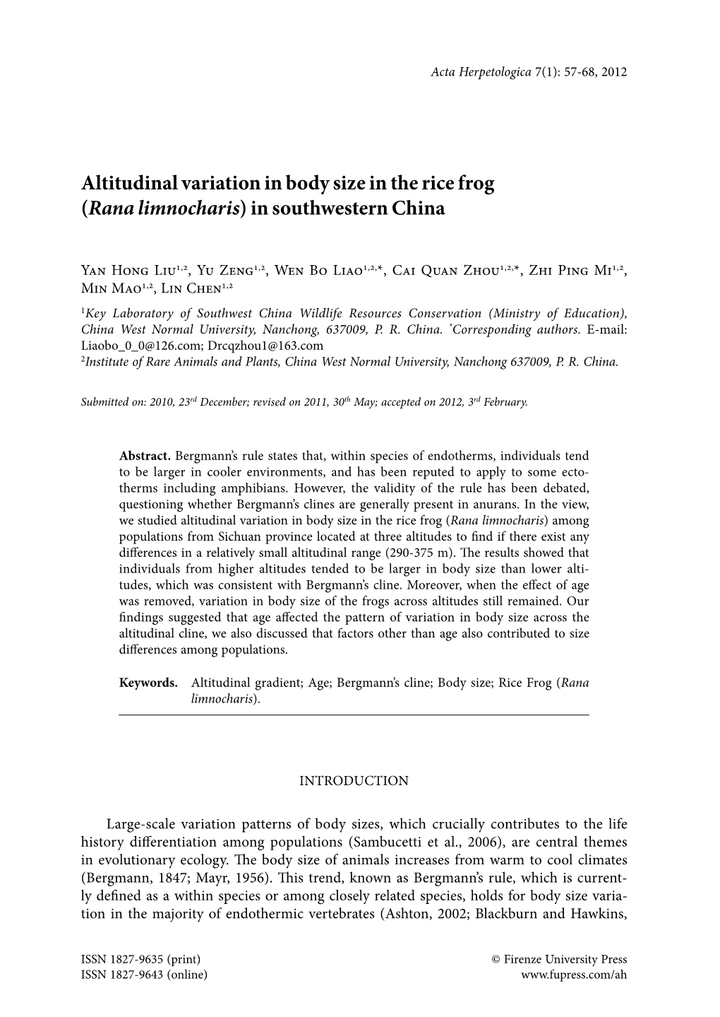 Altitudinal Variation in Body Size in the Rice Frog (Rana Limnocharis)In