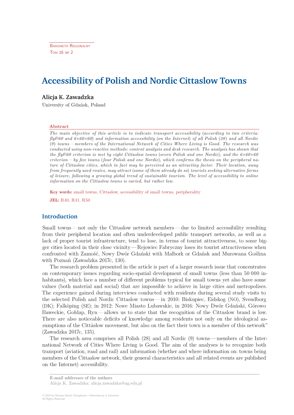 Accessibility of Polish and Nordic Cittaslow Towns