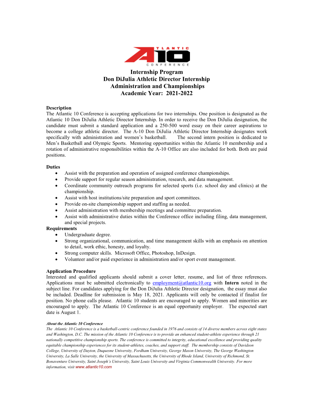 Atlantic 10 Conference Is Accepting Applications for Two Internships