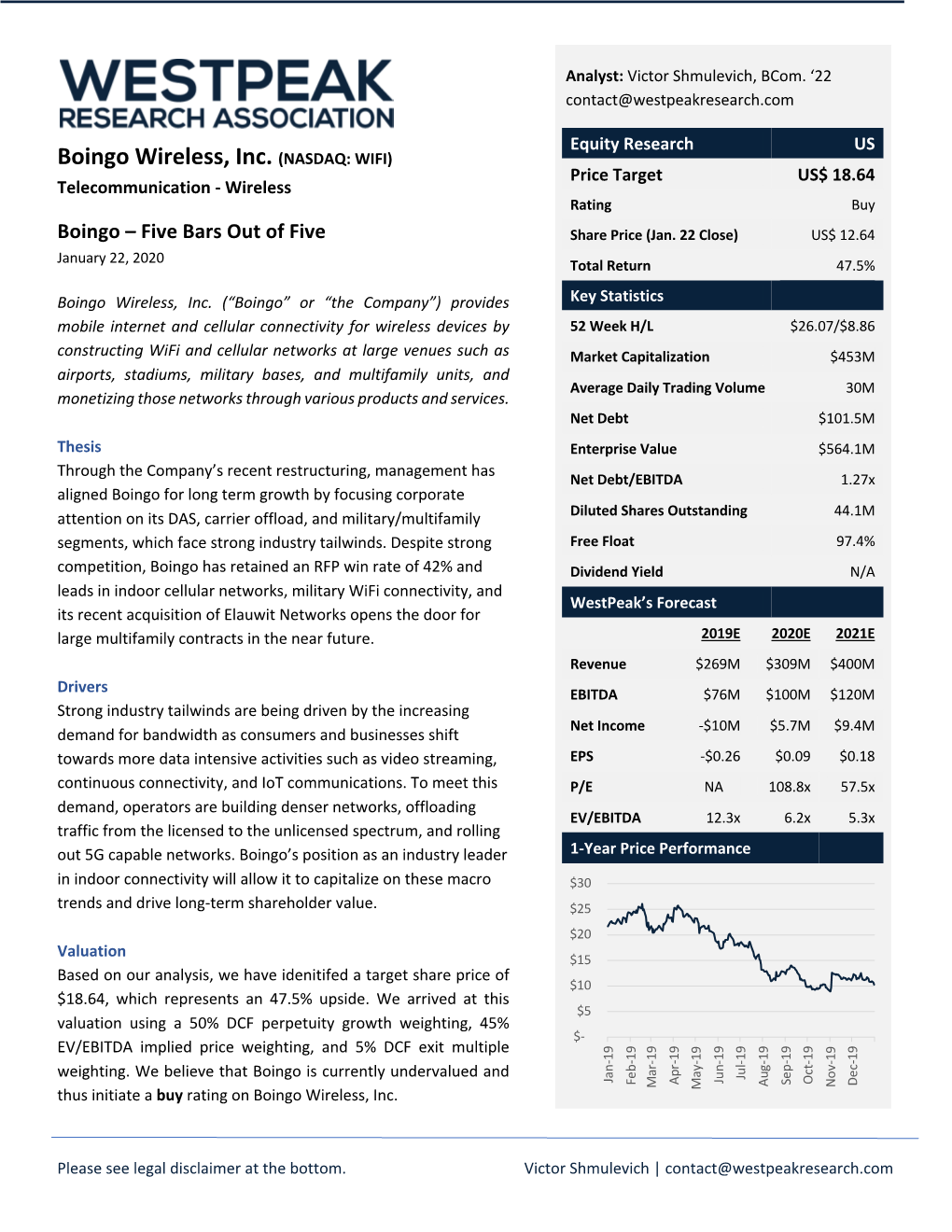 Boingo Wireless, Inc. (NASDAQ: WIFI) Price Target US$ 18.64 Telecommunication - Wireless Rating Buy Boingo – Five Bars out of Five Share Price (Jan