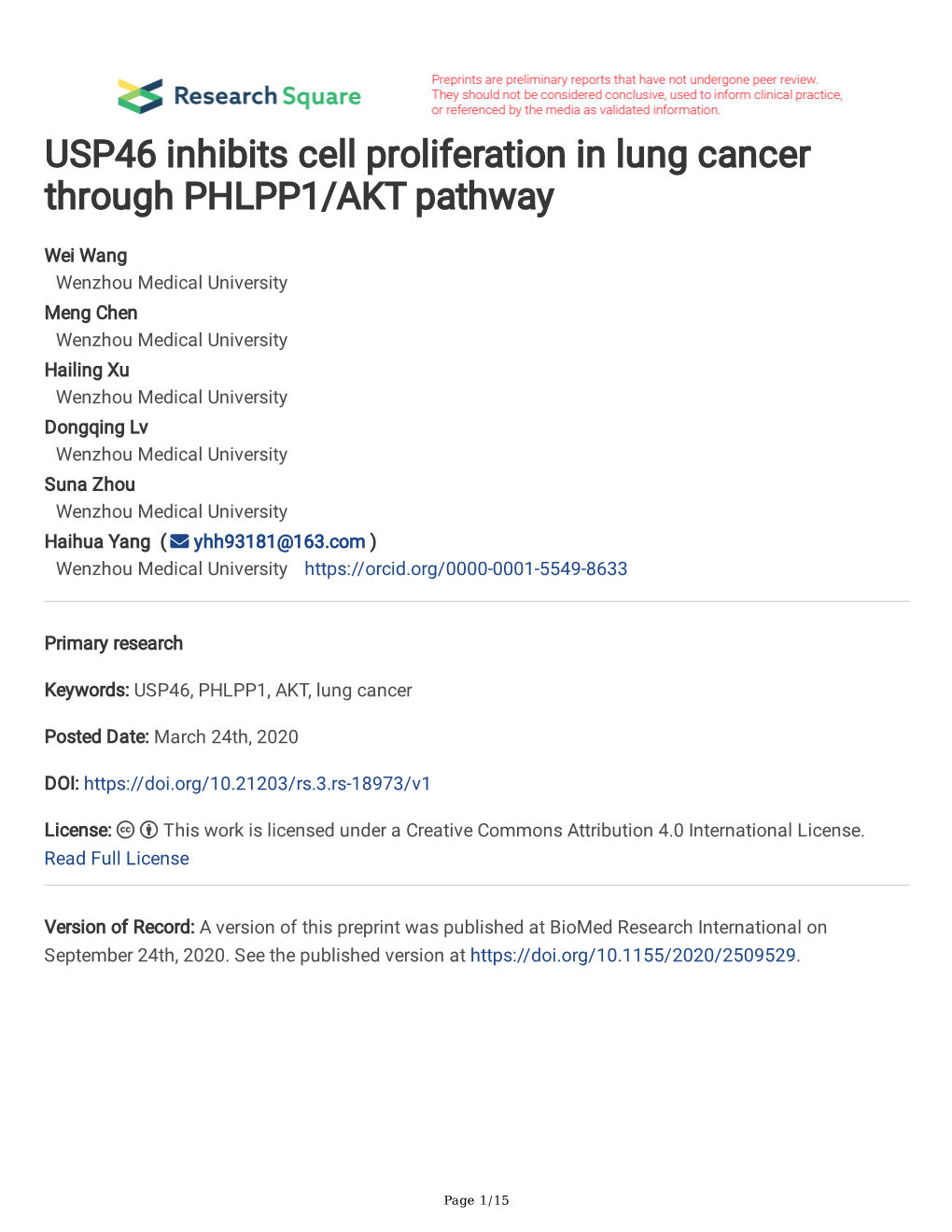 USP46 Inhibits Cell Proliferation in Lung Cancer Through PHLPP1/AKT Pathway