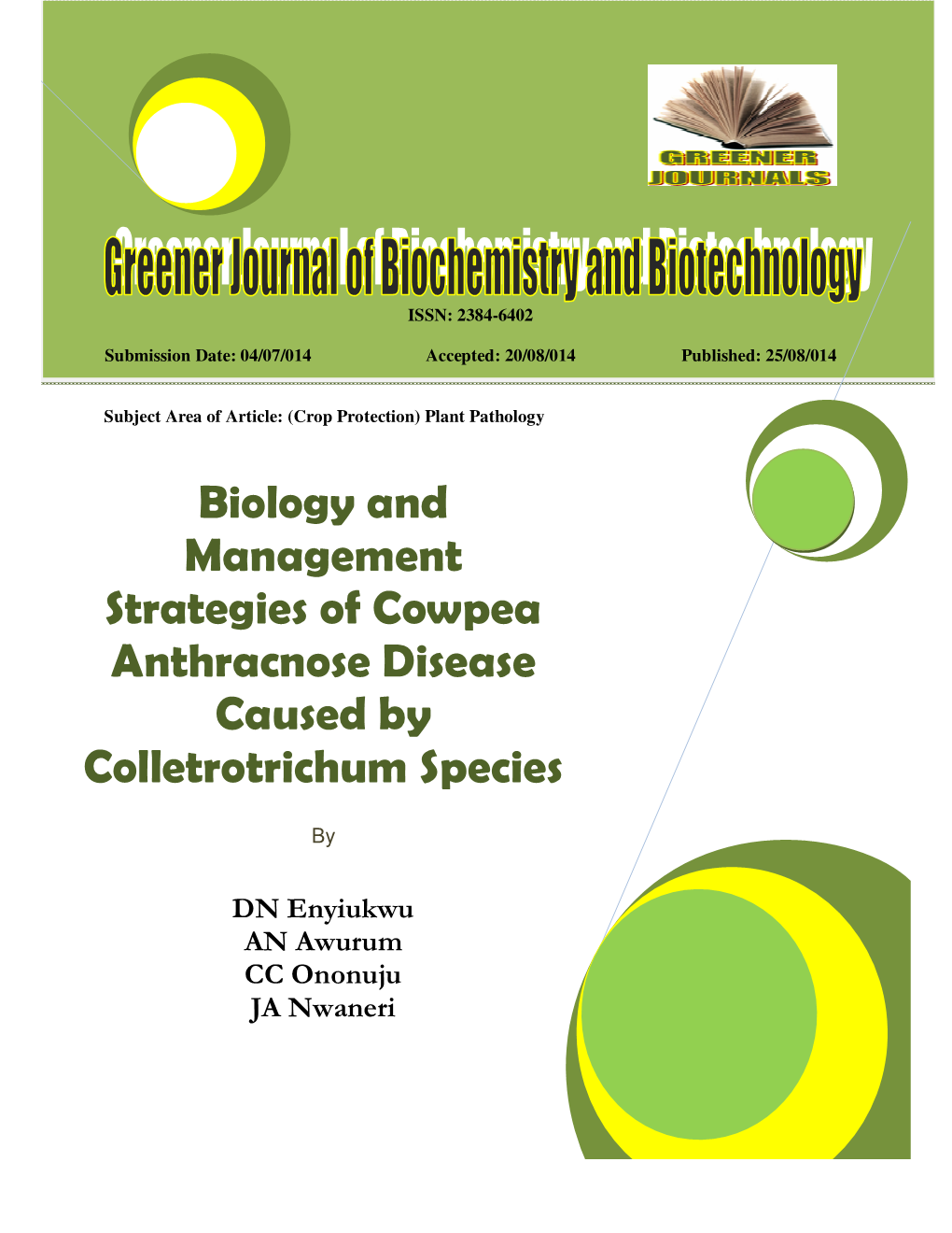 Biology and Management Strategies of Cowpea Anthracnose Disease Caused by Colletrotrichum Species