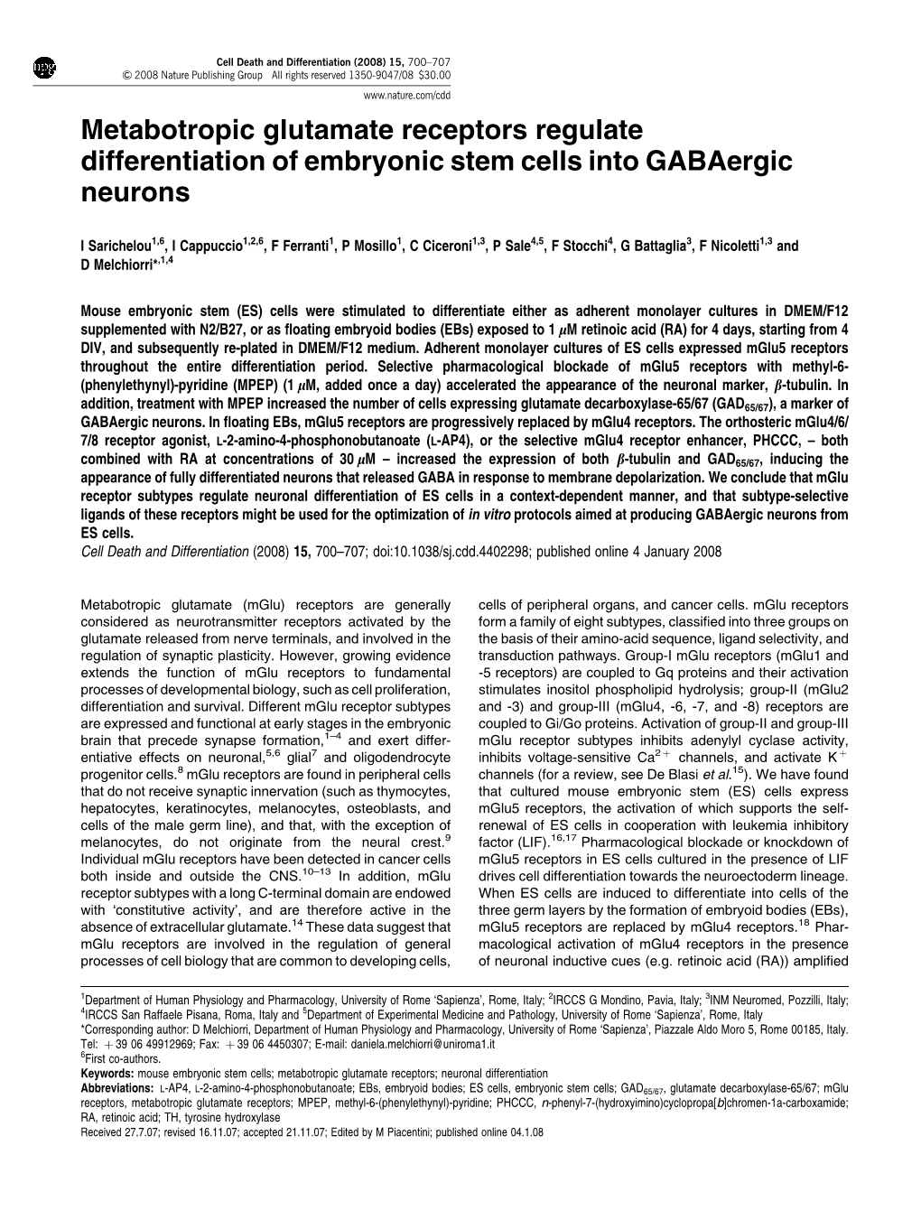 Metabotropic Glutamate Receptors Regulate Differentiation of Embryonic Stem Cells Into Gabaergic Neurons