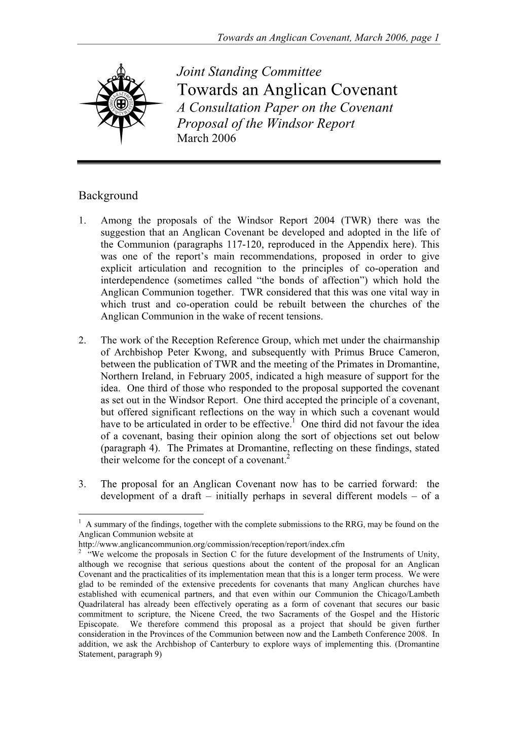 Joint Standing Committee Towards an Anglican Covenant a Consultation Paper on the Covenant Proposal of the Windsor Report March 2006