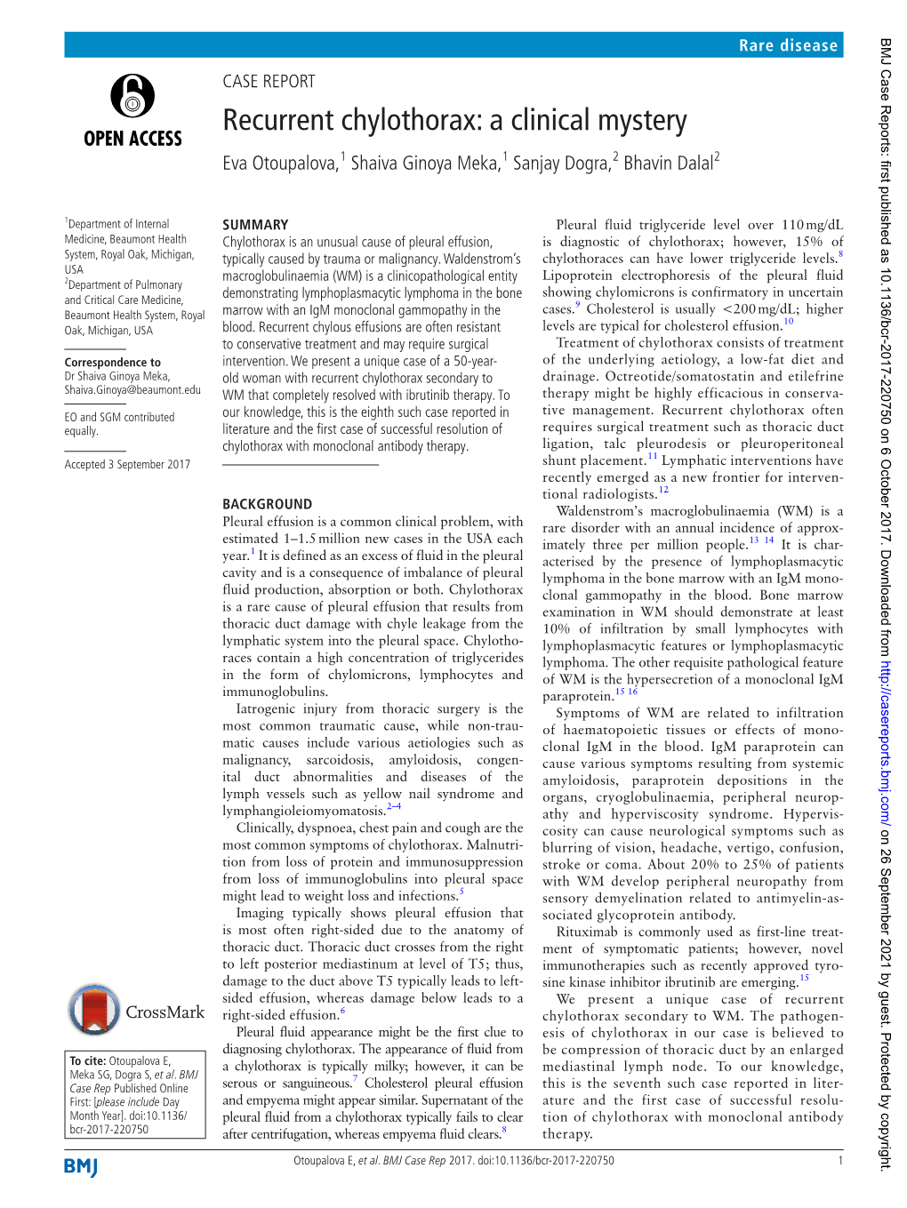 Recurrent Chylothorax: a Clinical Mystery Eva Otoupalova,1 Shaiva Ginoya Meka,1 Sanjay Dogra,2 Bhavin Dalal2