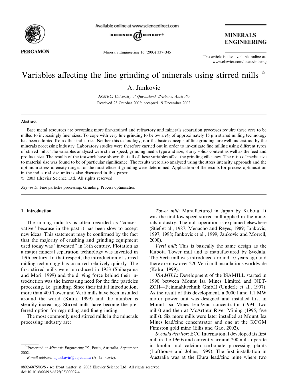 Variables Affecting the Fine Grinding of Minerals Using Stirred Mills