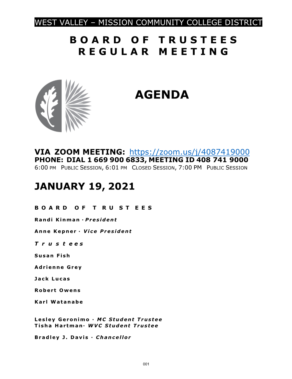 January 19, 2021, WVMCCD Board of Trustees