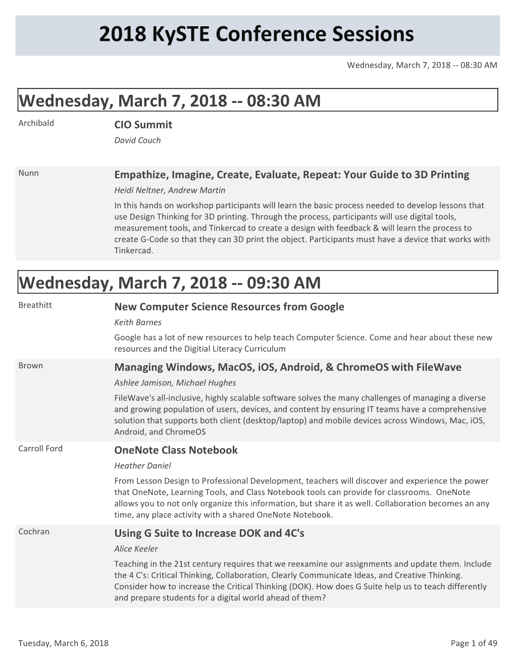 2018 Kyste Conference Sessions