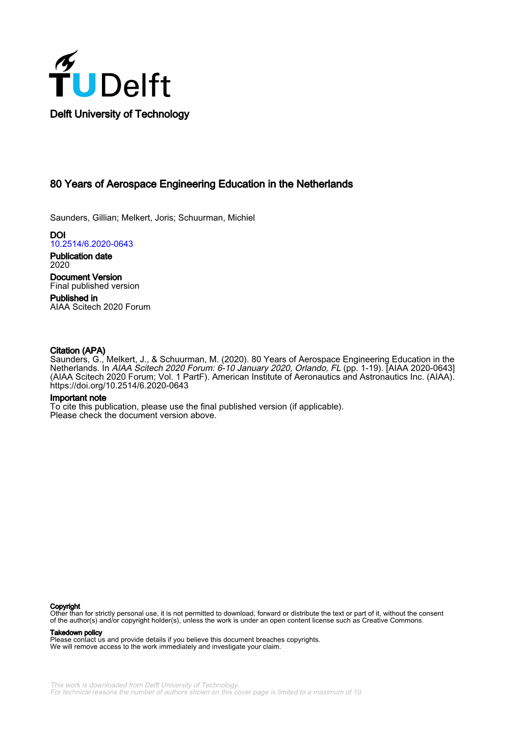 6.2020-0643 Publication Date 2020 Document Version Final Published Version Published in AIAA Scitech 2020 Forum