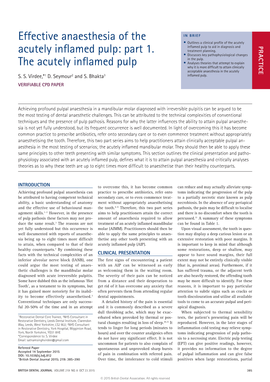 Effective Anaesthesia of the Acutely Inflamed Pulp