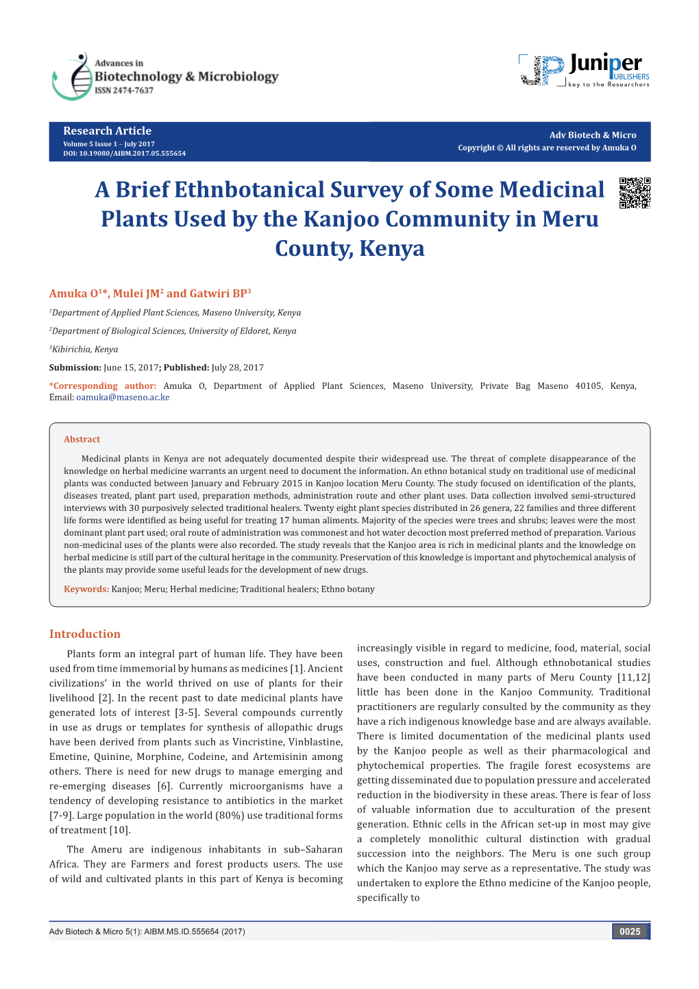 A Brief Ethnbotanical Survey of Some Medicinal Plants Used by the Kanjoo Community in Meru County, Kenya