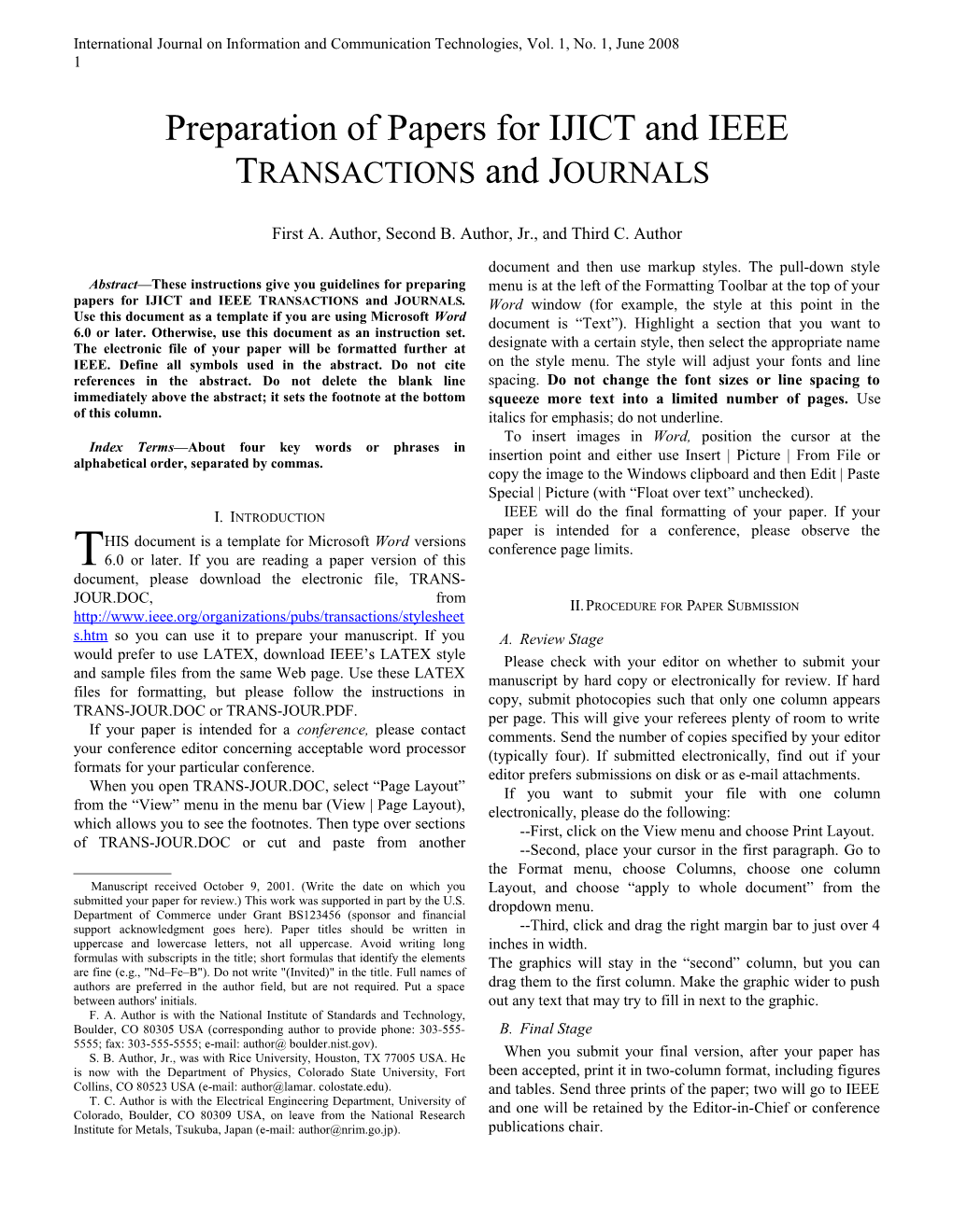 Preparation of Papers for IJICT and IEEE TRANSACTIONS and JOURNALS