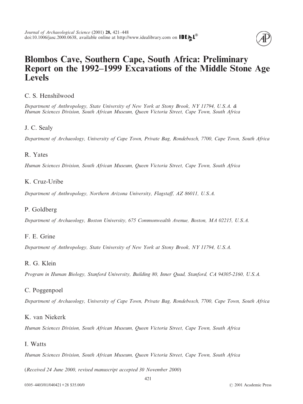 Blombos Cave, Southern Cape, South Africa: Preliminary Report on the 1992–1999 Excavations of the Middle Stone Age Levels