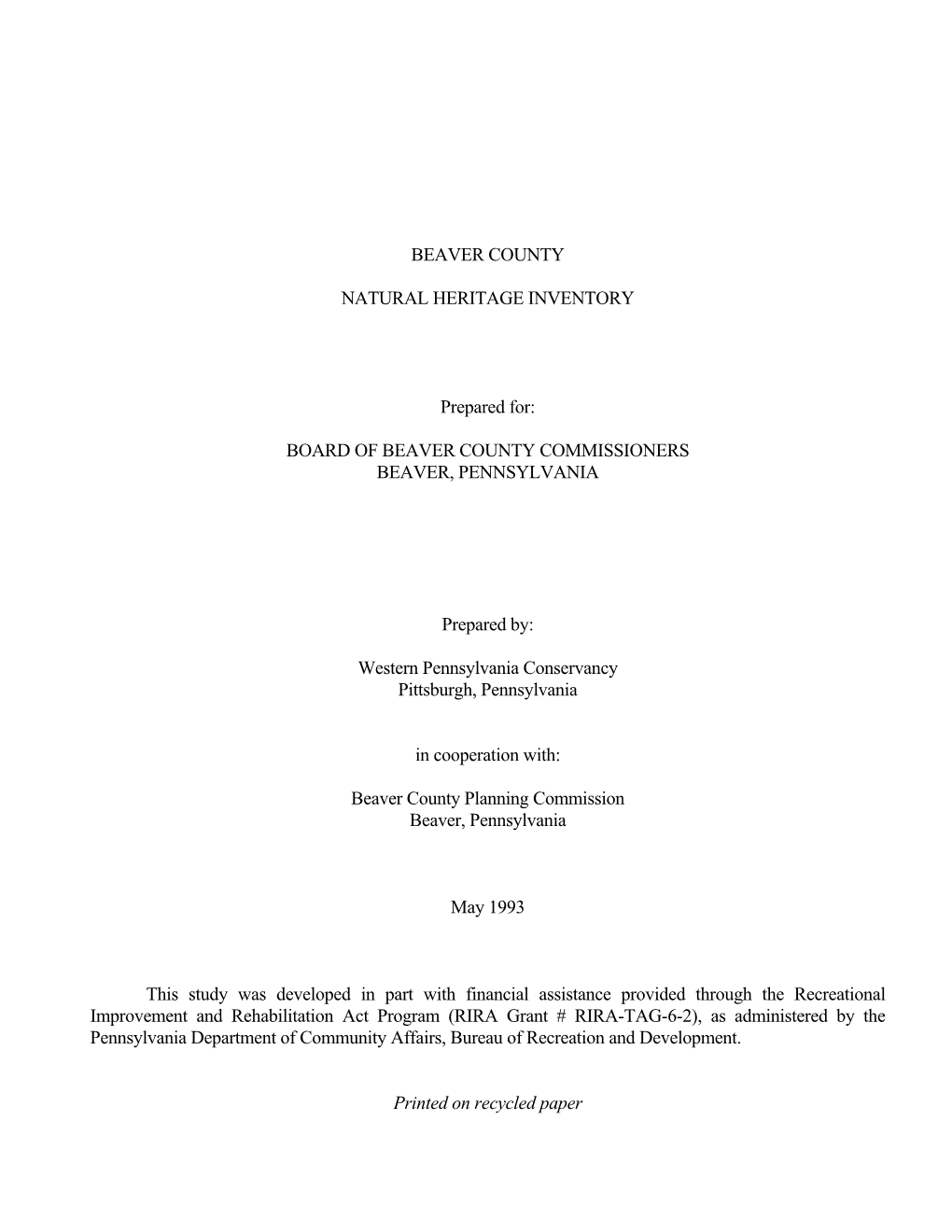 Beaver County Natural Heritage Inventory, 1993