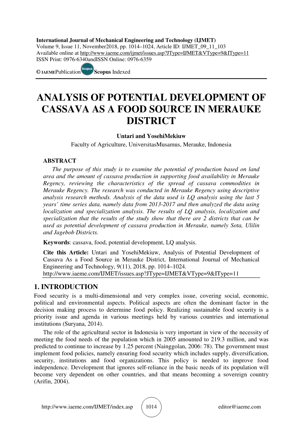 Analysis of Potential Development of Cassava As a Food Source in Merauke District