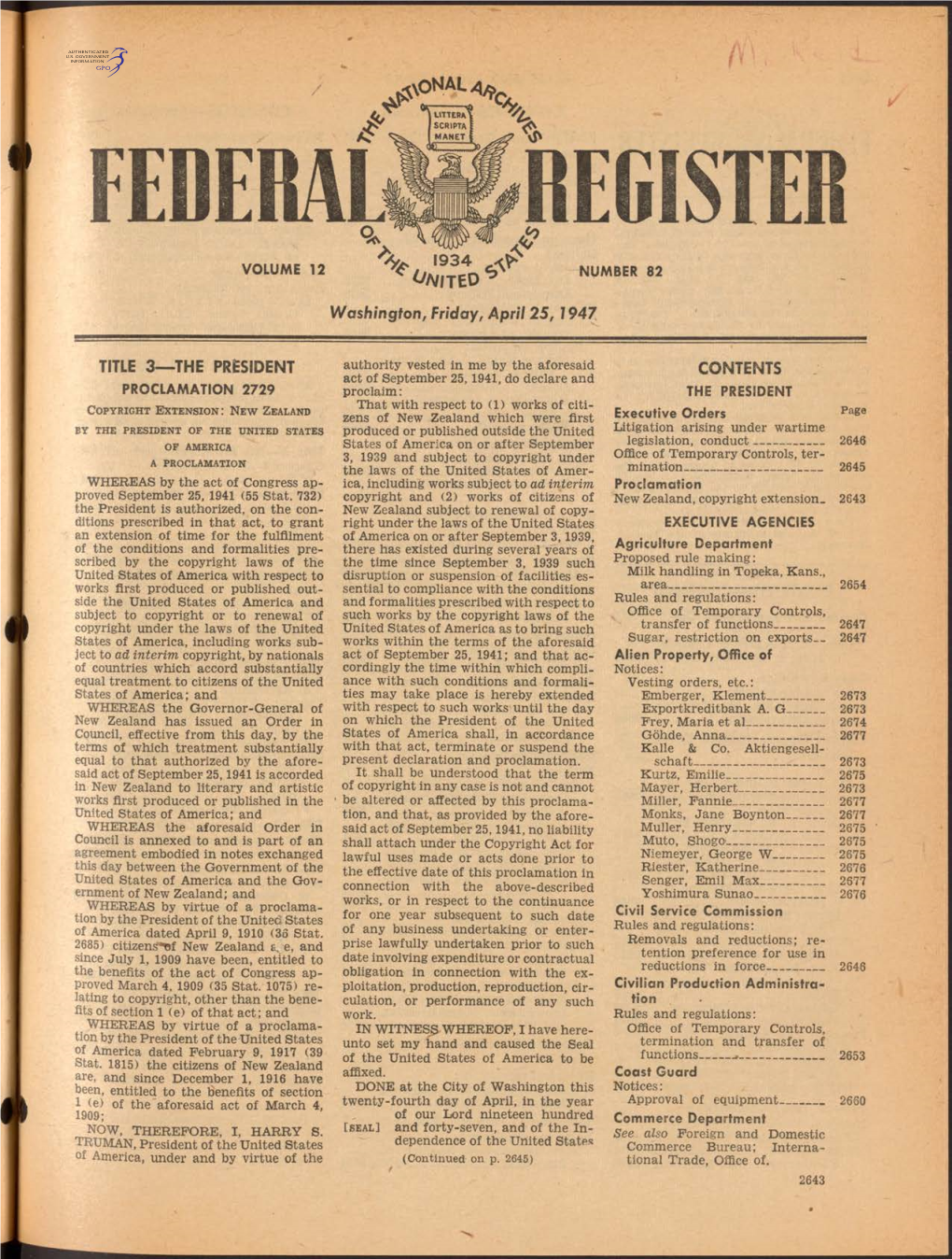TITLE 3—THE PRESIDENT Washington, Friday, April 25,1947
