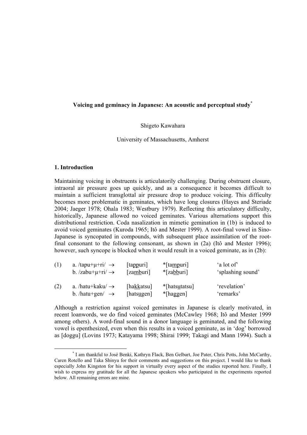 Voicing and Geminacy in Japanese: an Acoustic and Perceptual Study*