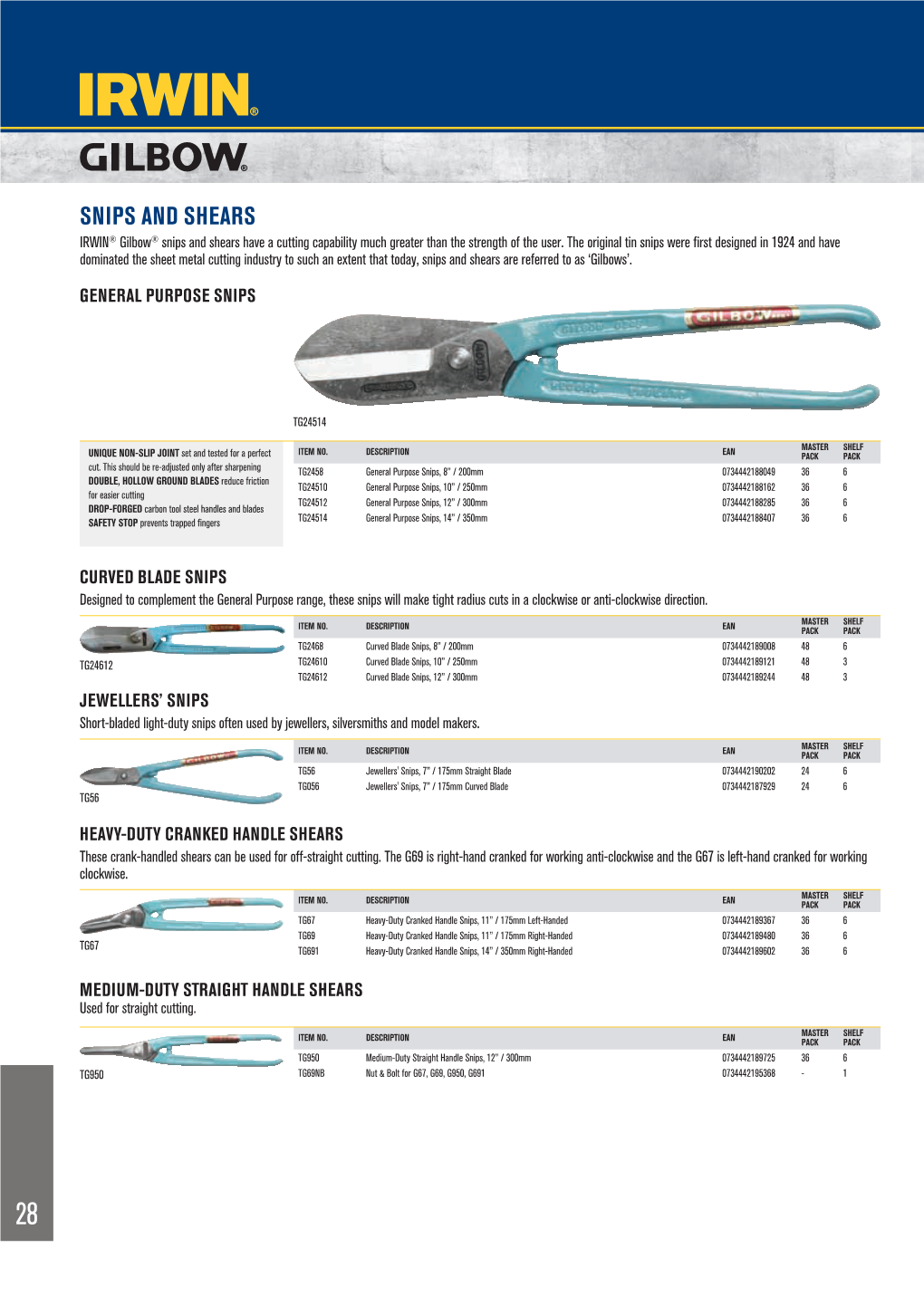 SNIPS and SHEARS IRWIN® Gilbow® Snips and Shears Have a Cutting Capability Much Greater Than the Strength of the User