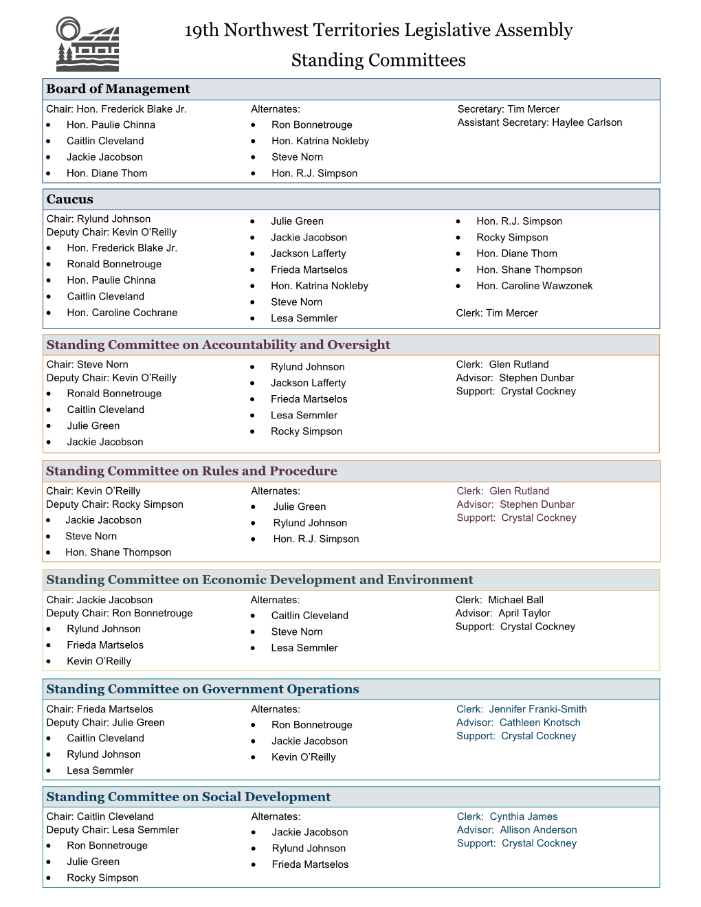 19Th Northwest Territories Legislative Assembly Standing Committees