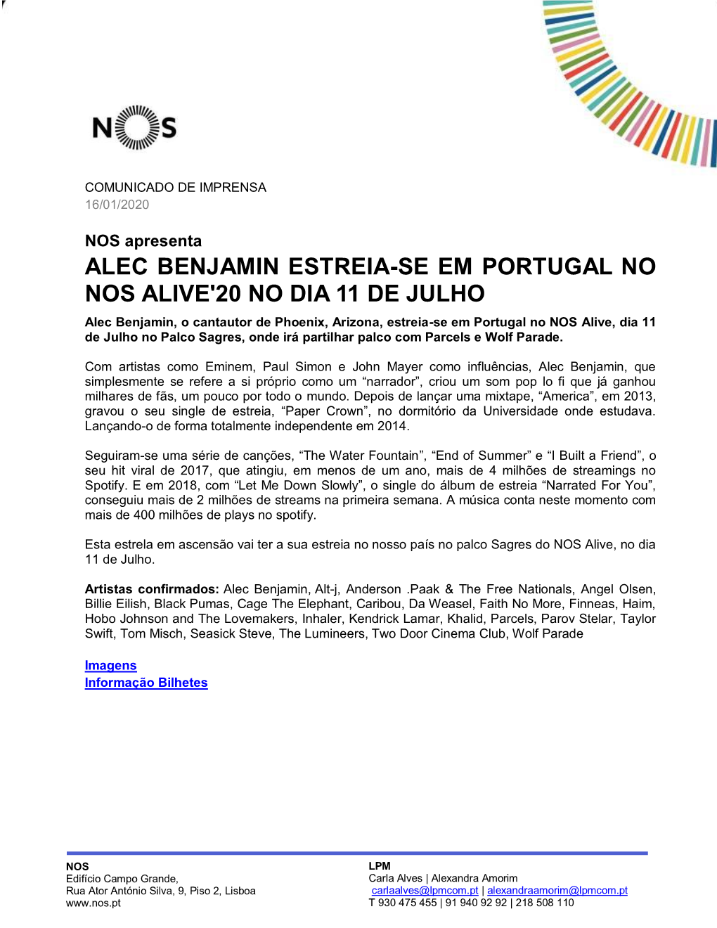 Alec Benjamin Estreia-Se Em Portugal No Nos Alive'20 No