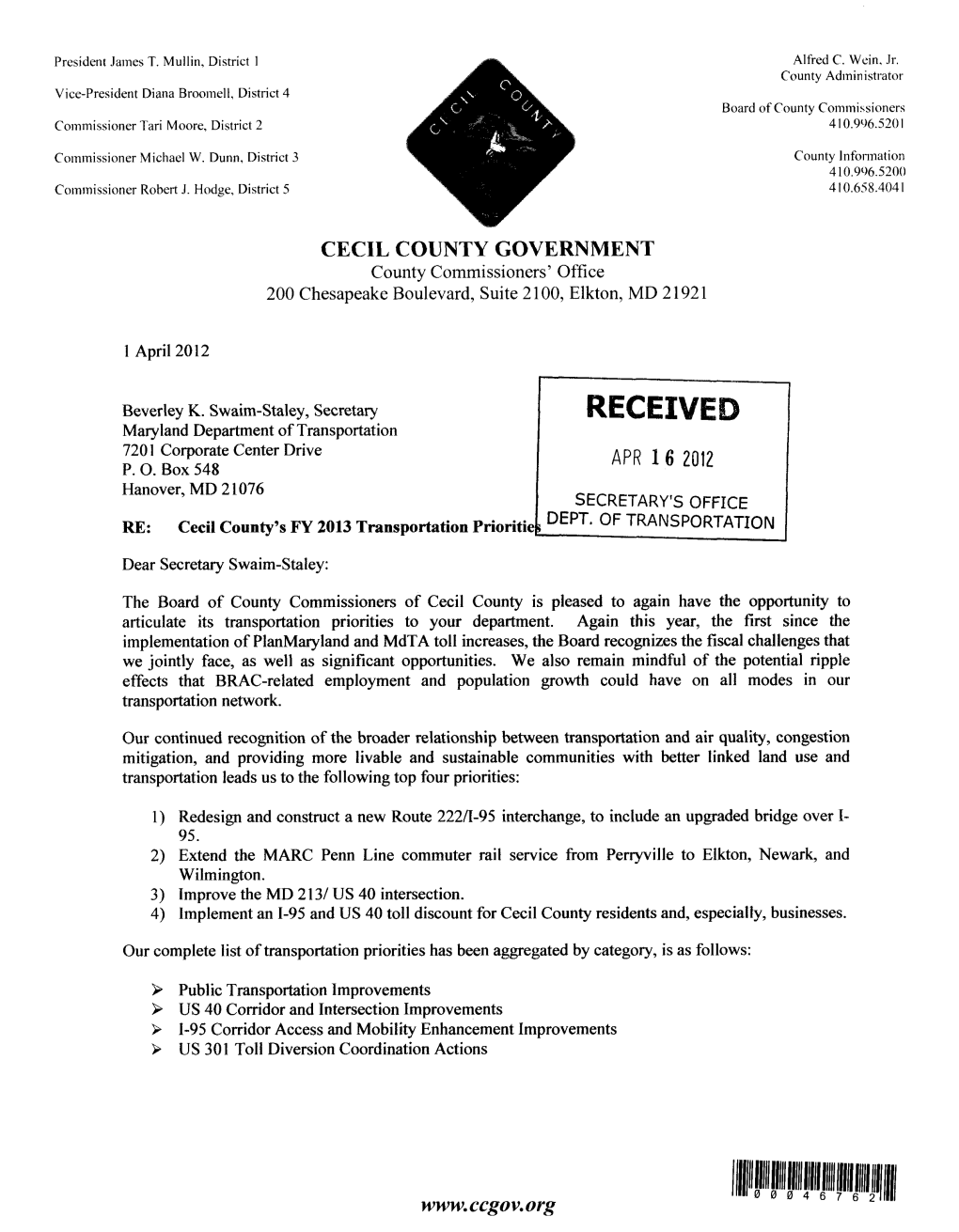 2012 Cecil County Priority Letter