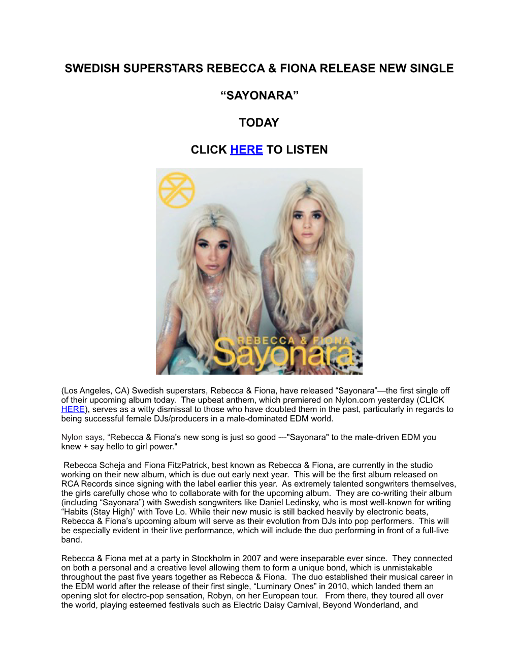 Swedish Superstars Rebecca & Fiona Release New Single 'Sayonara'