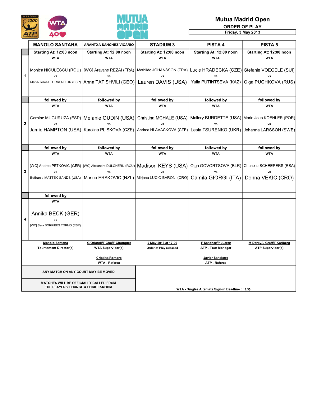 Mutua Madrid Open ORDER of PLAY Friday, 3 May 2013