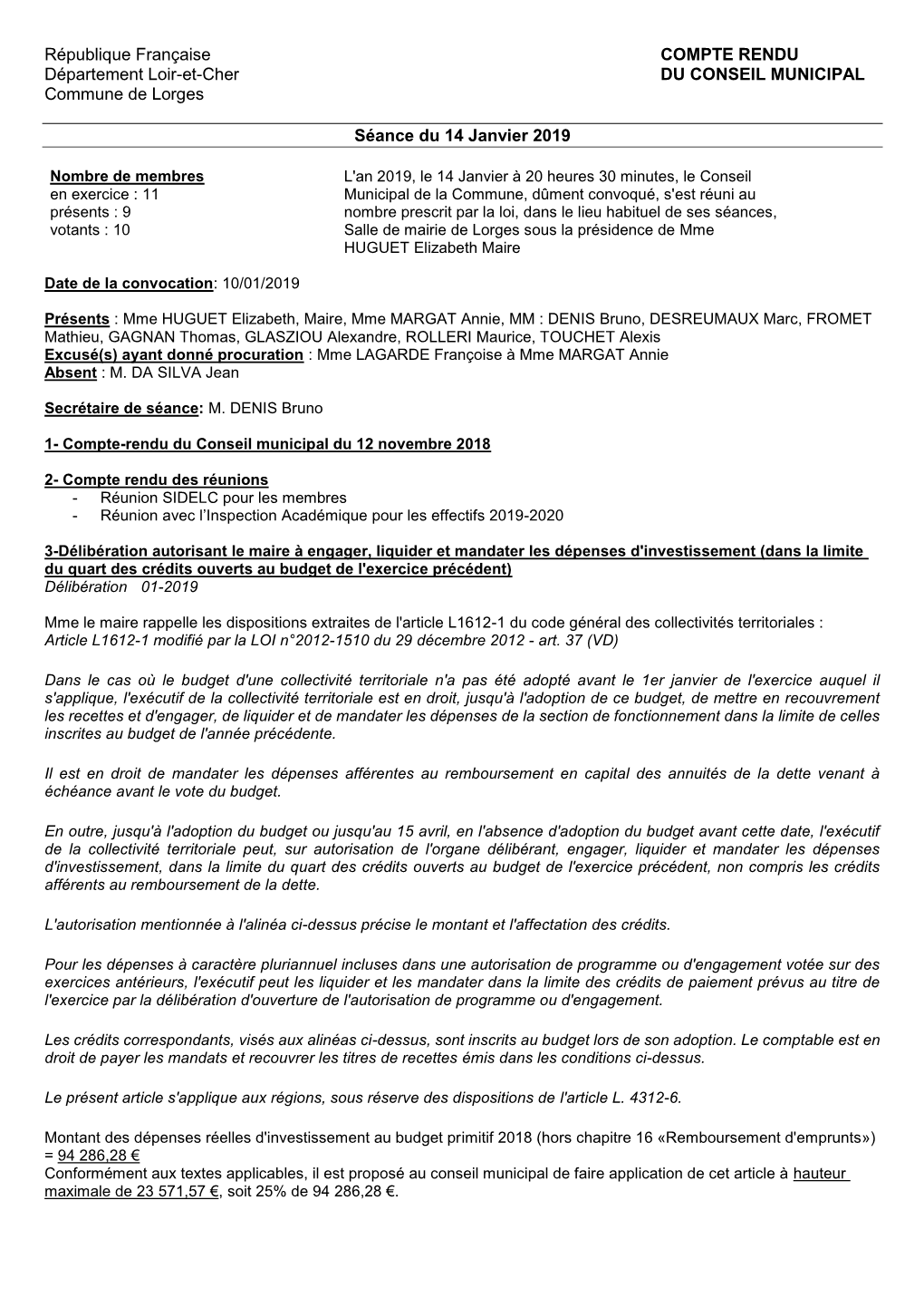 République Française COMPTE RENDU Département Loir-Et-Cher DU CONSEIL MUNICIPAL Commune De Lorges