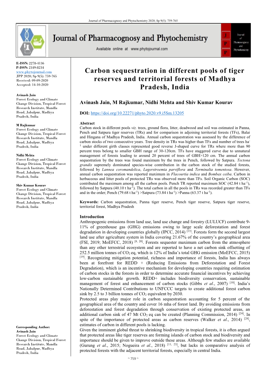 Carbon Sequestration in Different Pools of Tiger Reserves and Territorial