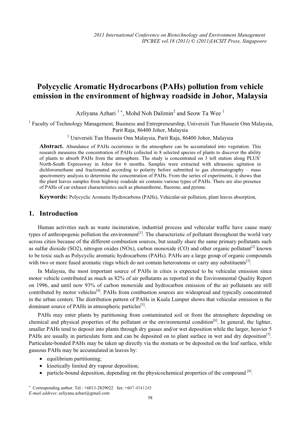 Polycyclic Aromatic Hydrocarbons (Pahs) Pollution from Vehicle Emission in the Environment of Highway Roadside in Johor, Malaysia