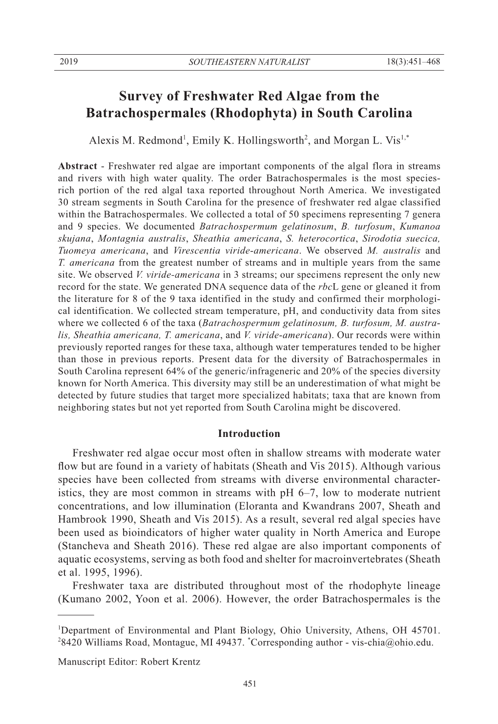 Survey of Freshwater Red Algae from the Batrachospermales (Rhodophyta) in South Carolina