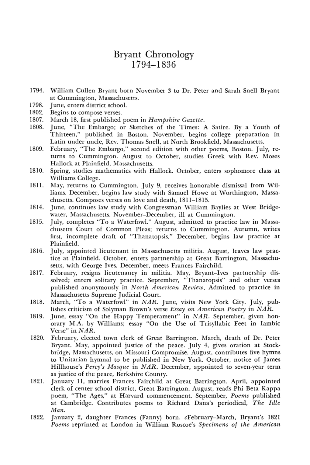 Bryant Chronology 1794-1836