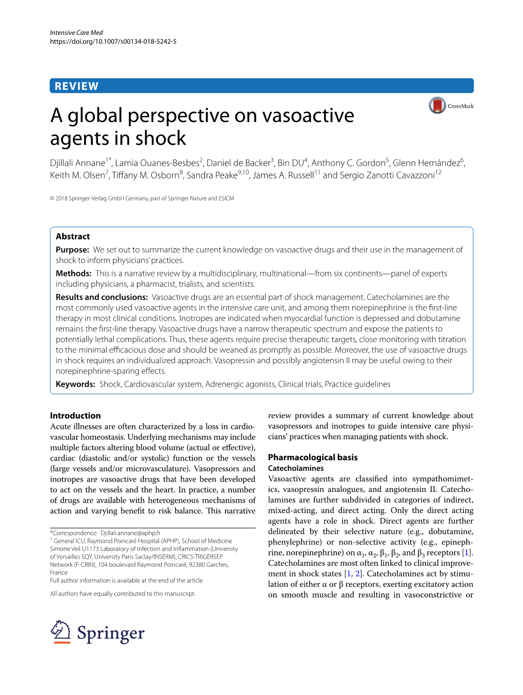 A Global Perspective on Vasoactive Agents in Shock Djillali Annane1*, Lamia Ouanes‑Besbes2, Daniel De Backer3, Bin DU4, Anthony C